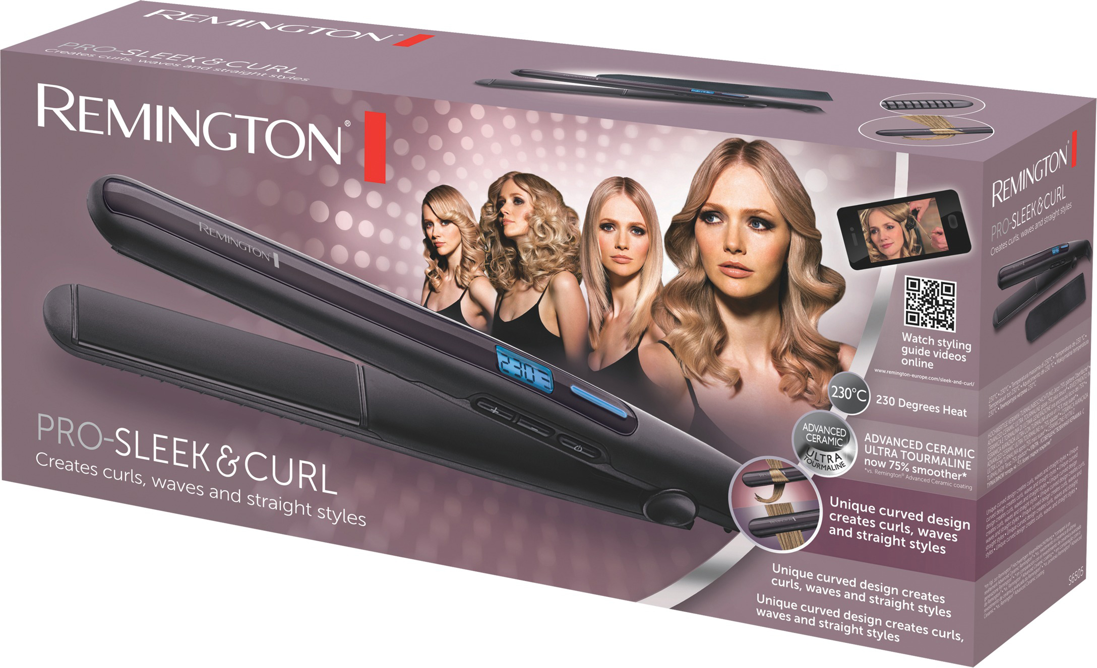 Remington Pro-Sleek & Curl Haarglätter-Box. Personen mit gestyltem Haar. Schwarzes und blaues Design.