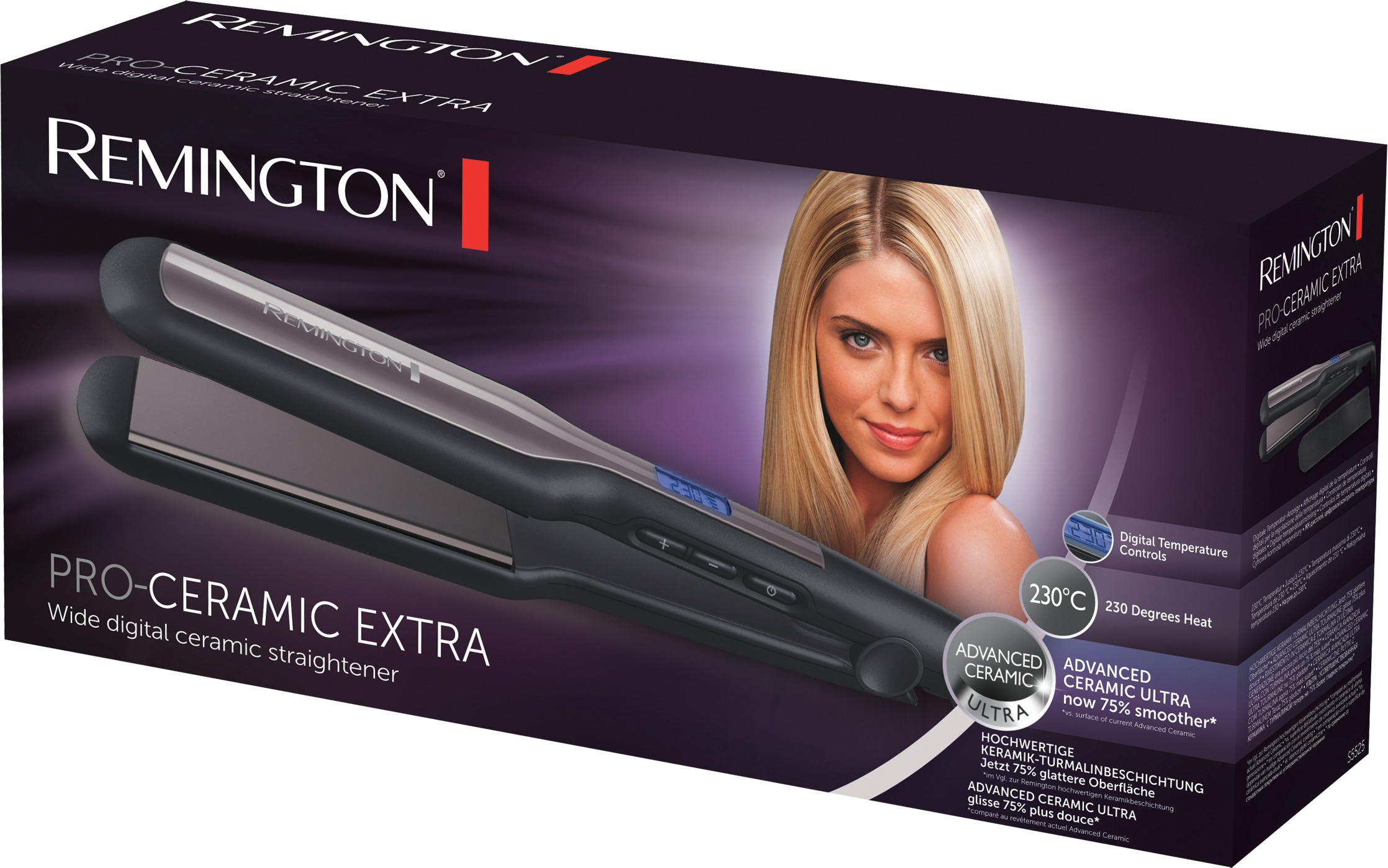 Remington Pro-Ceramic Extra Haarglätter in Box mit Frauengesicht.