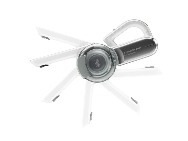 Black and Decker Dustbuster Pivot vacuum cleaner, white handle and parts, on a white background.