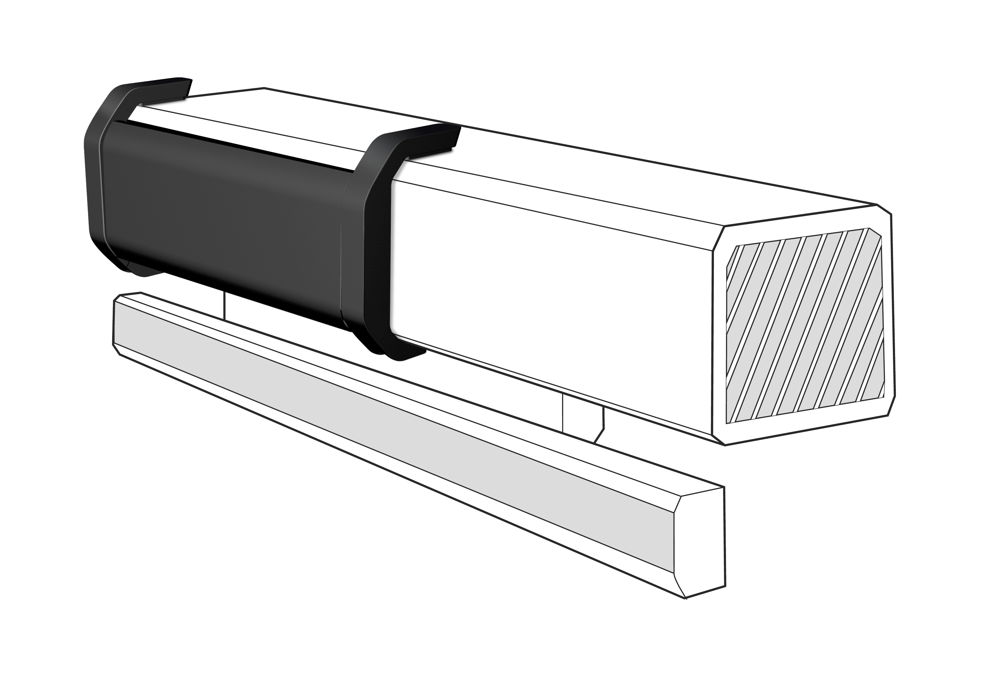 Black and white schematic of a rectangular object. A black cap on one end, a white body and a base.