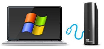 Windows logosu olan dizüstü bilgisayar, mavi kablo ile siyah harici bir sabit diske bağlı.