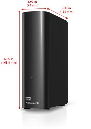 Boyutları gösterilen siyah harici sabit disk. Beyaz zemin.