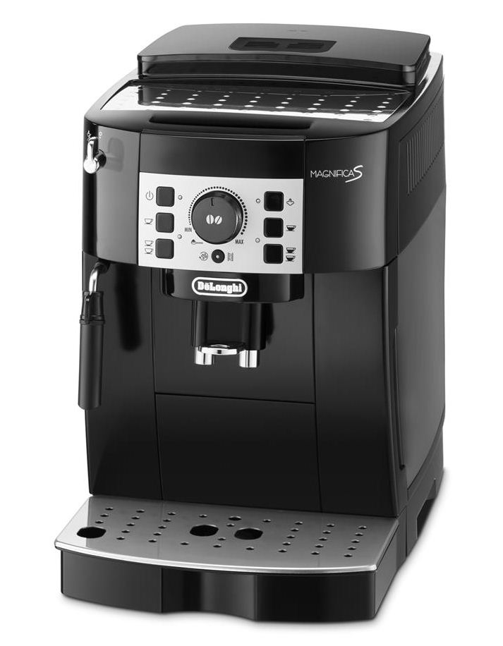 Zwarte DeLonghi koffiemachine met knoppen en een draaiknop.