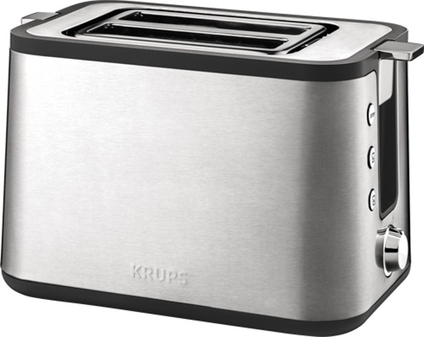 Ein silberner und schwarzer Krups Toaster mit Toastschlitzen und Bedienknöpfen.