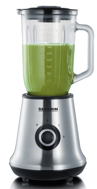 Un mixeur avec un récipient en verre rempli de liquide vert, la base est argentée.