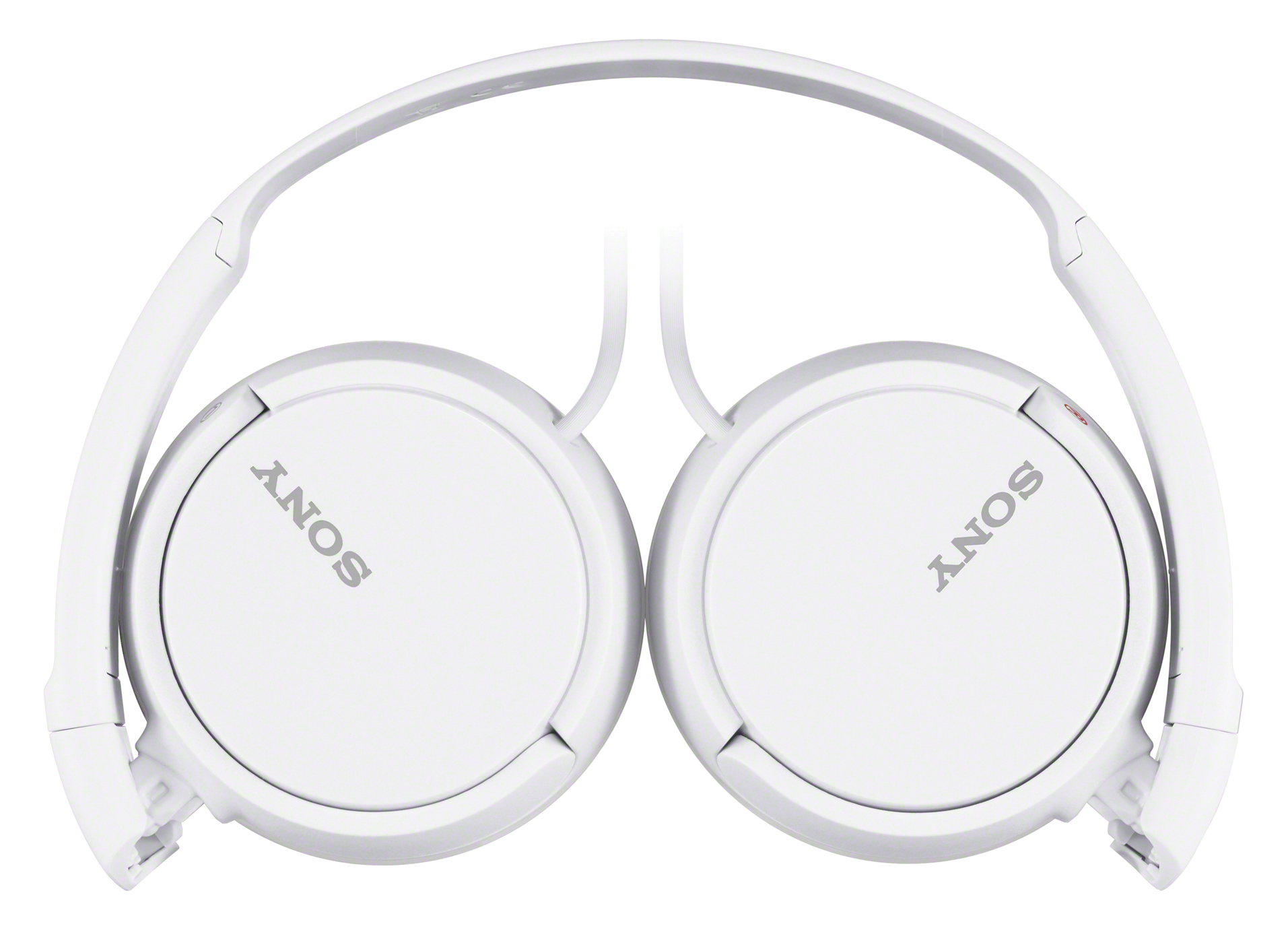 Casque Sony blanc plié sur fond blanc, écouteurs circulaires.