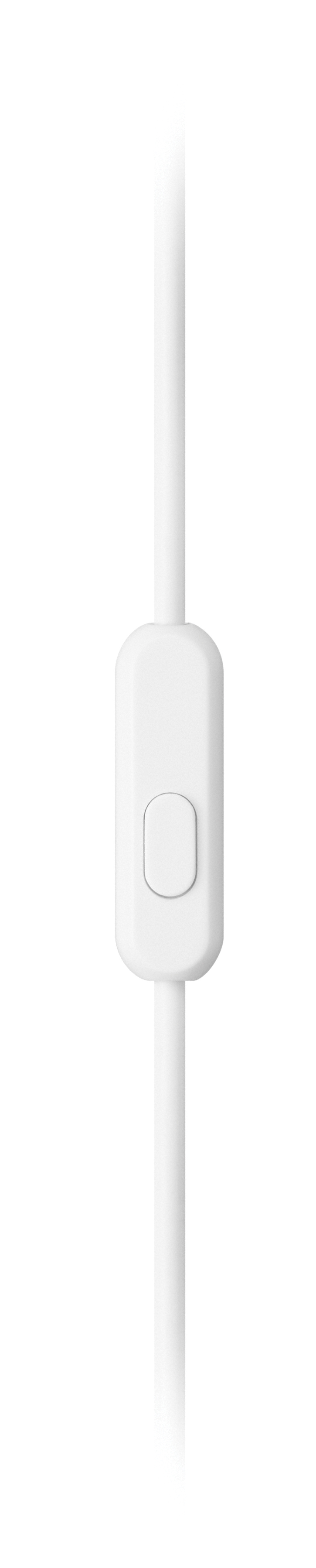 Câble blanc avec un bouton. Le bouton est blanc et de forme ovale.
