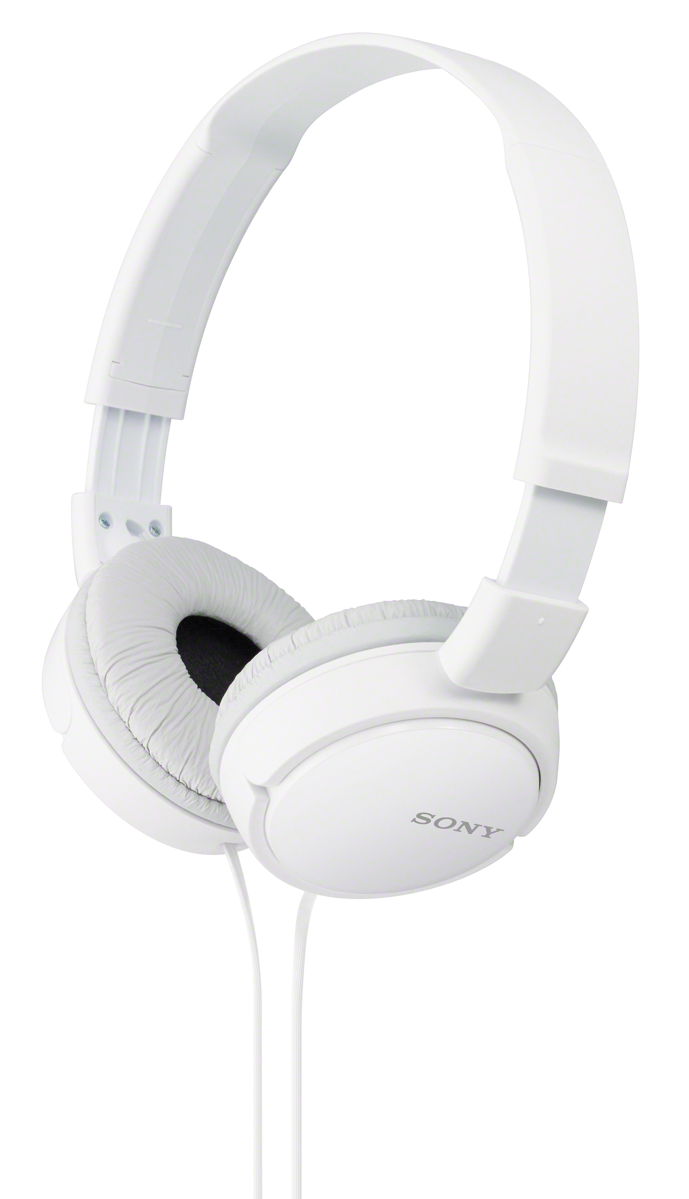 Casque blanc avec arceau incurvé et écouteurs, isolé sur fond blanc.