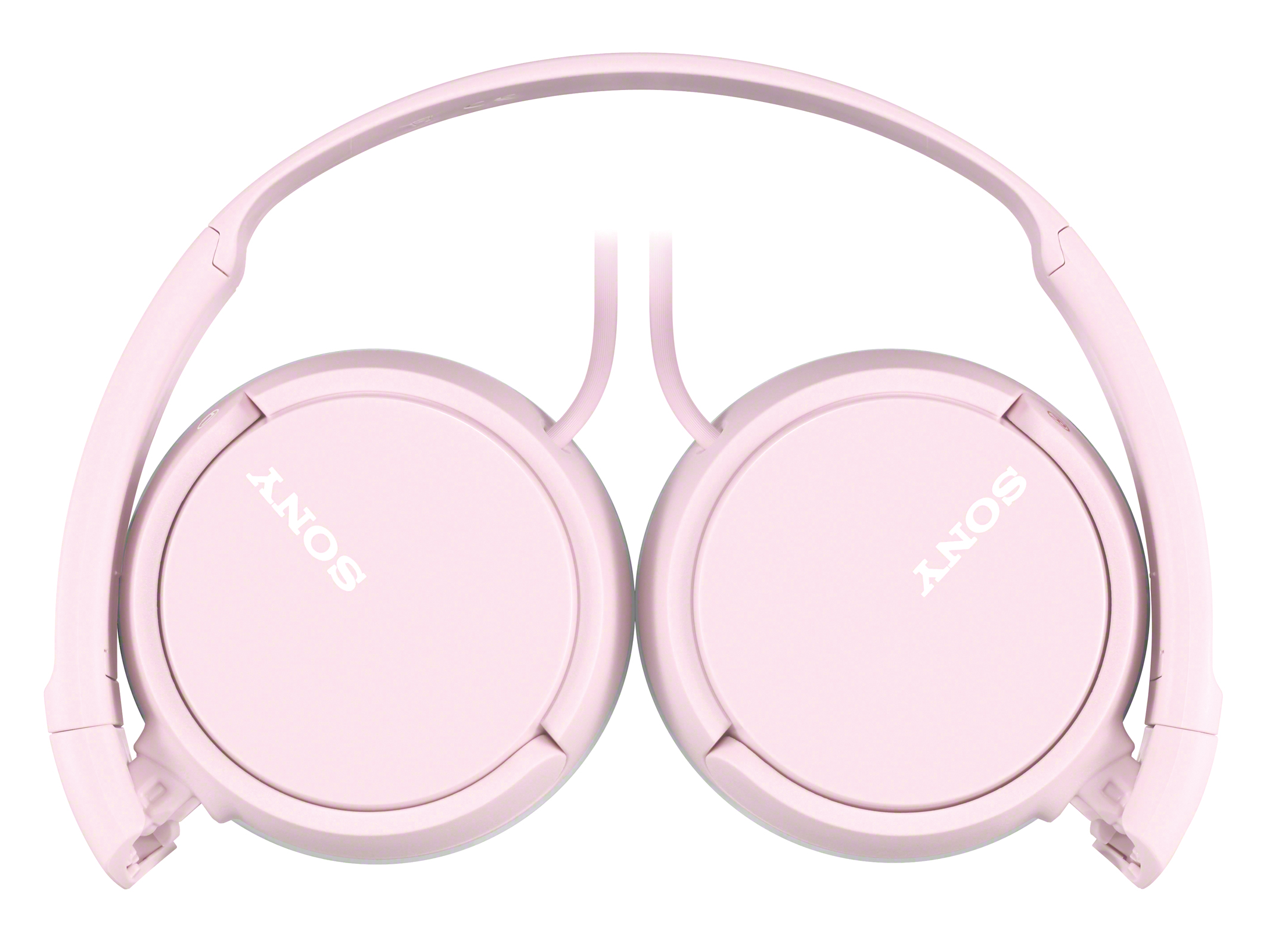 Roze hoofdtelefoon in opgevouwen positie. Het woord "SONY" is zichtbaar op elke oorschelp.