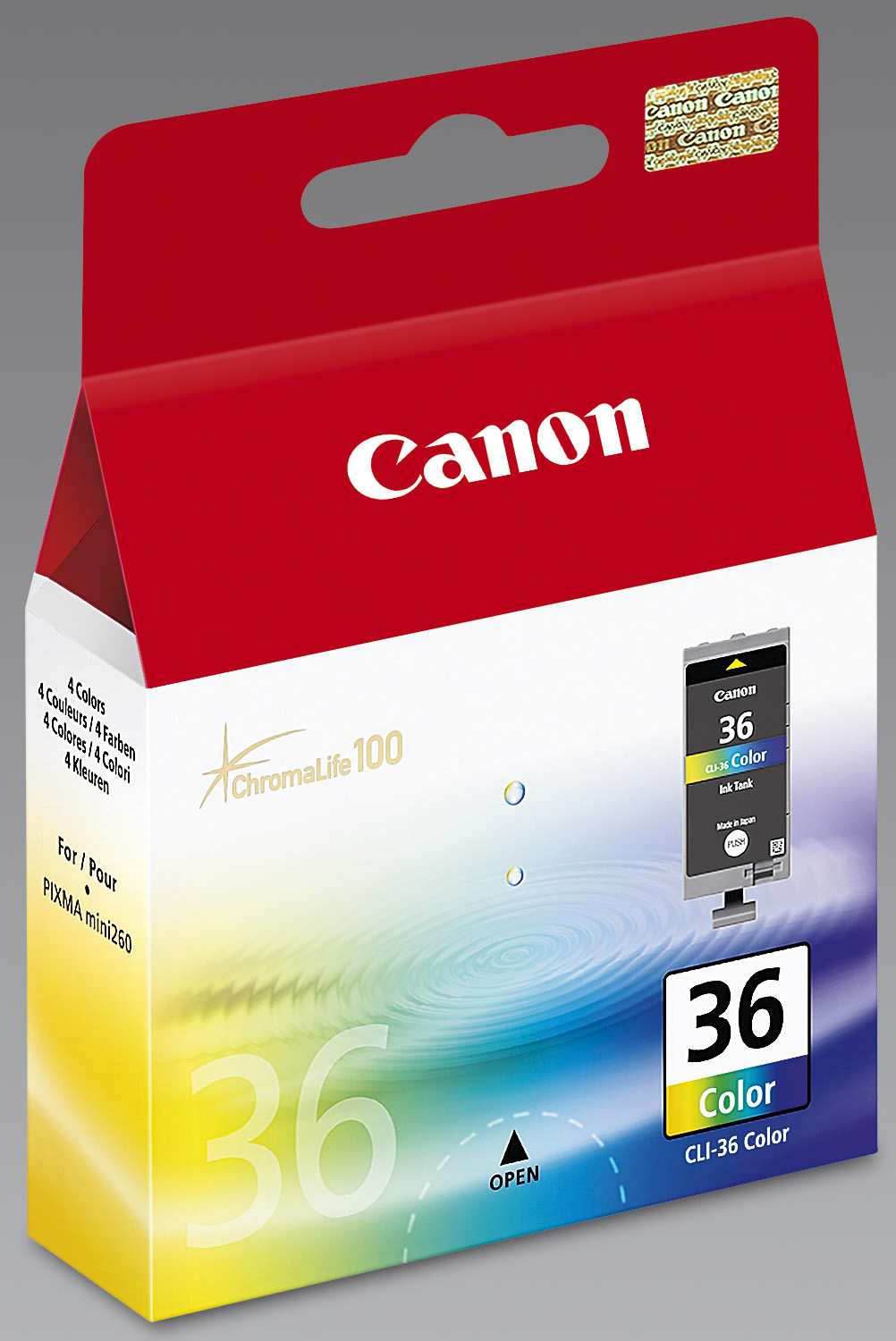 Boîte de cartouches d'encre Canon avec un design coloré et le numéro 36.