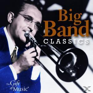 CD-Cover: Big Band Classics mit einem Mann in blauem Anzug, der Posaune spielt, in Schwarzweiß.