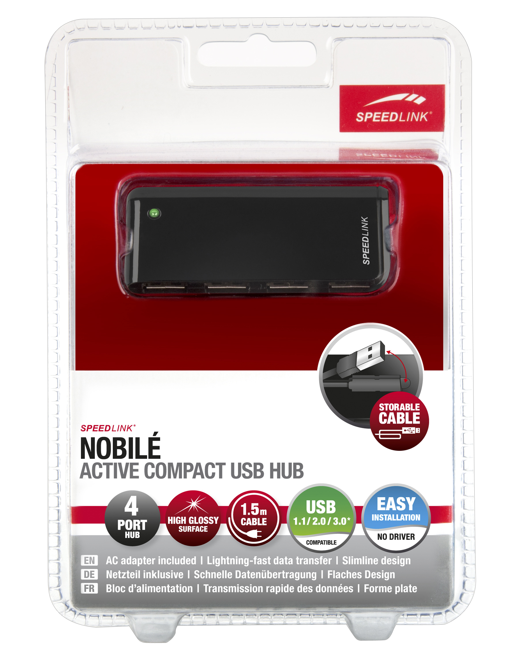 SPEEDLINK NOBILÉ Compact Active USB Hub - 4 Anschlüsse, schwarz, USB Hub, Schwarz