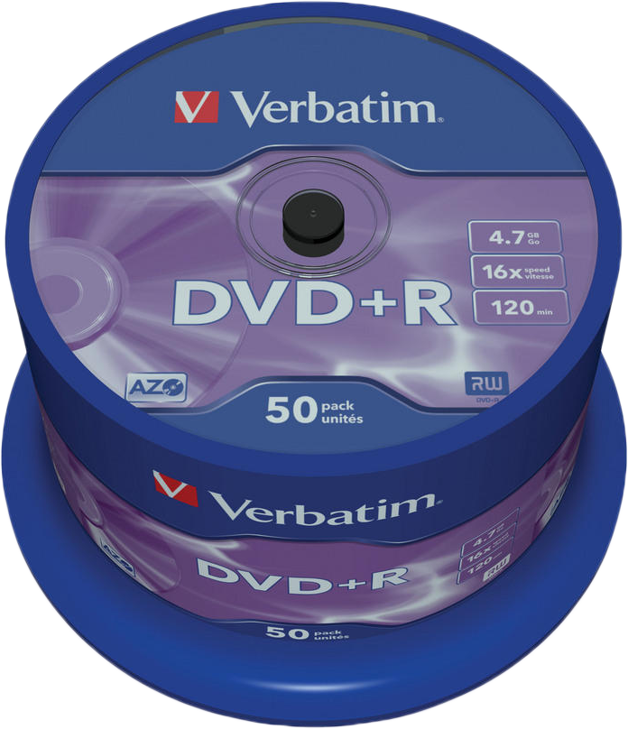 DVD+R lemezek kék tokban, Verbatim címkével, a kapacitást és a sebességet mutatva.