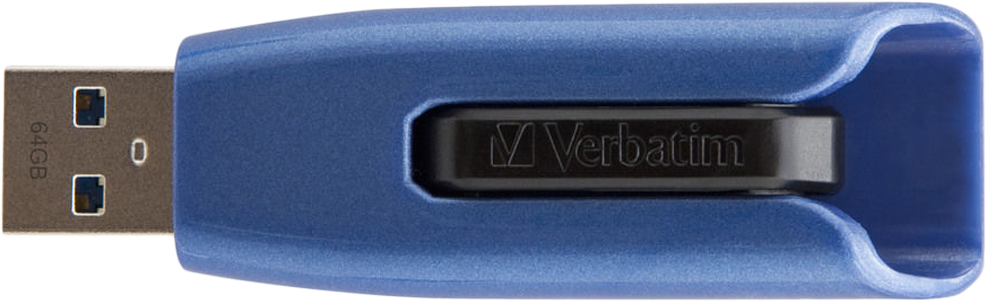Kék USB flash meghajtó fekete Verbatim logóval, fehér háttéren.