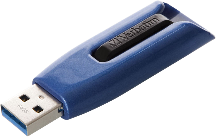 Kék-fekete USB flash meghajtó a 'Verbatim' logóval.