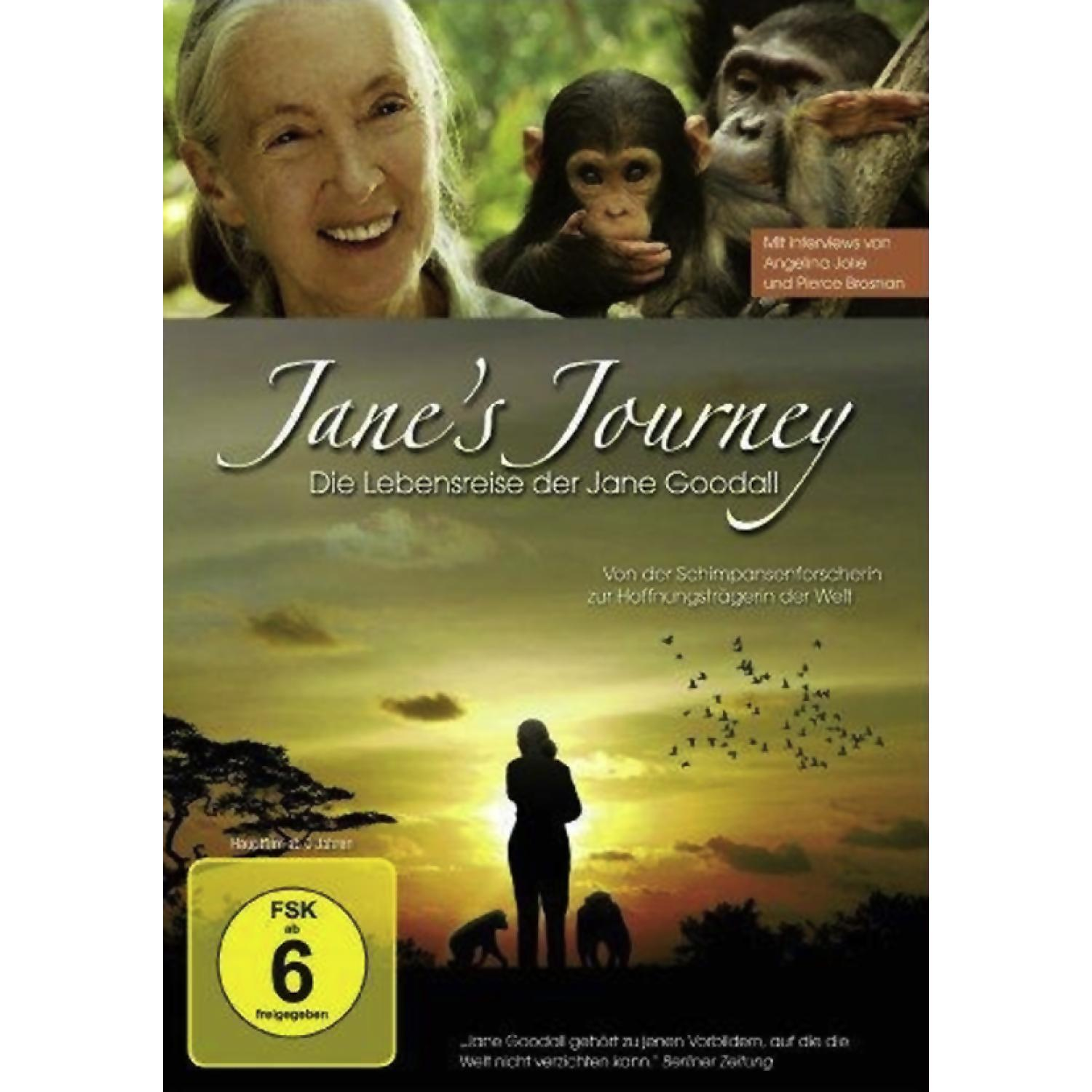 DVD-Cover der Jane Goodall-Dokumentation. Jane mit Schimpansen. Silhouette einer Person mit fliegenden Vögeln, Sonnenuntergang.