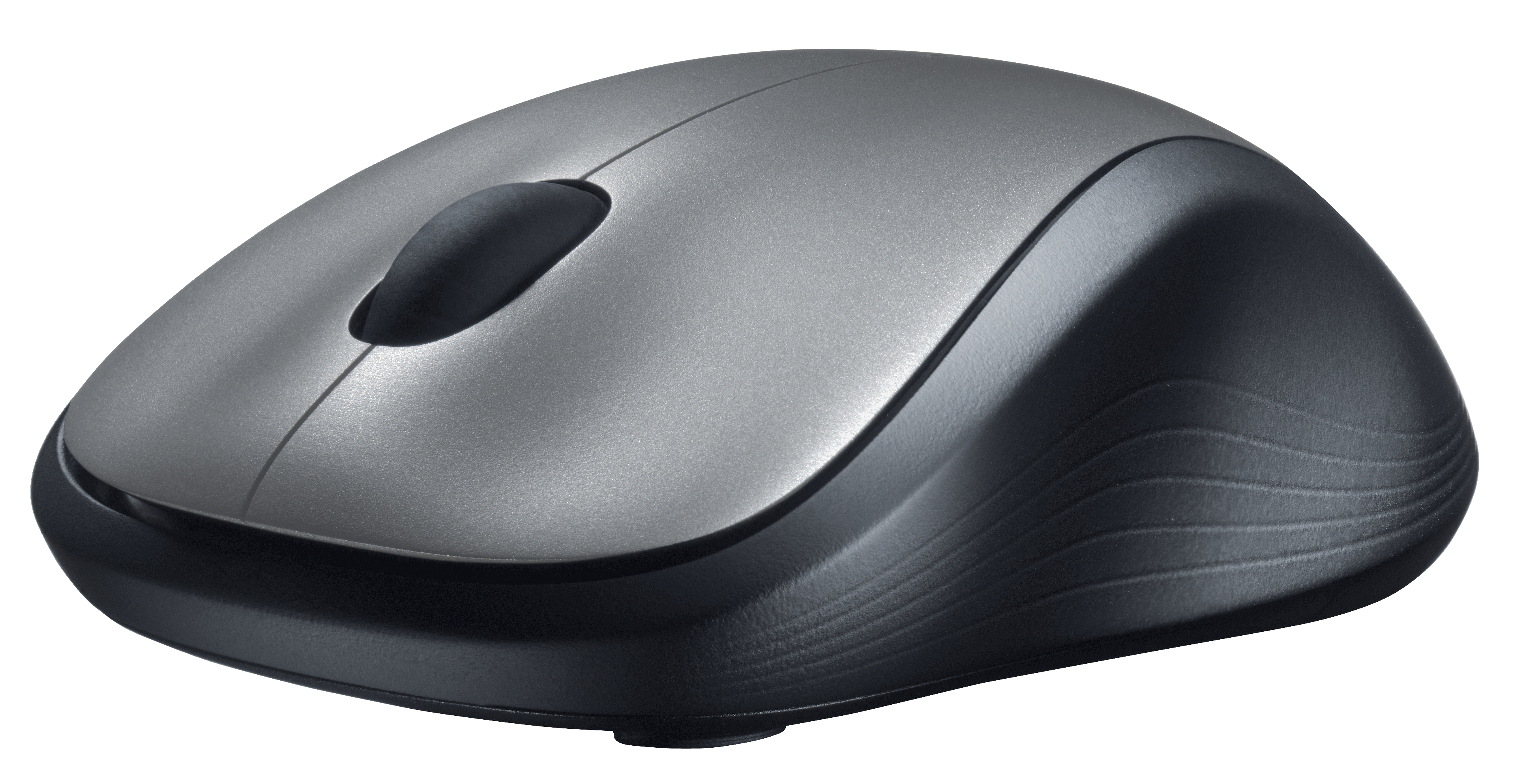 A silver and black computer mouse with a scroll wheel in the middle.