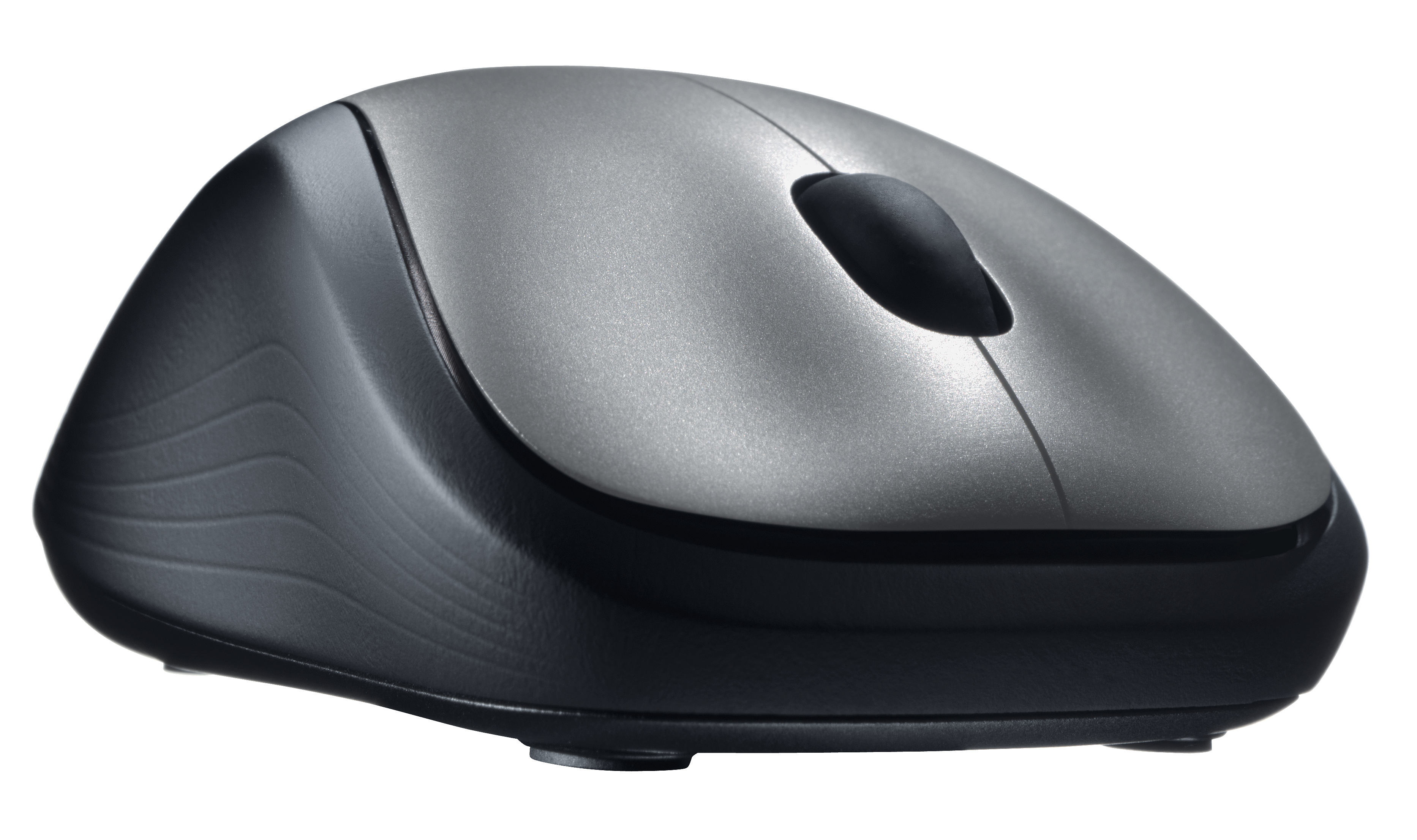 Silver and black computer mouse with a scroll wheel and a curved design, on white.
