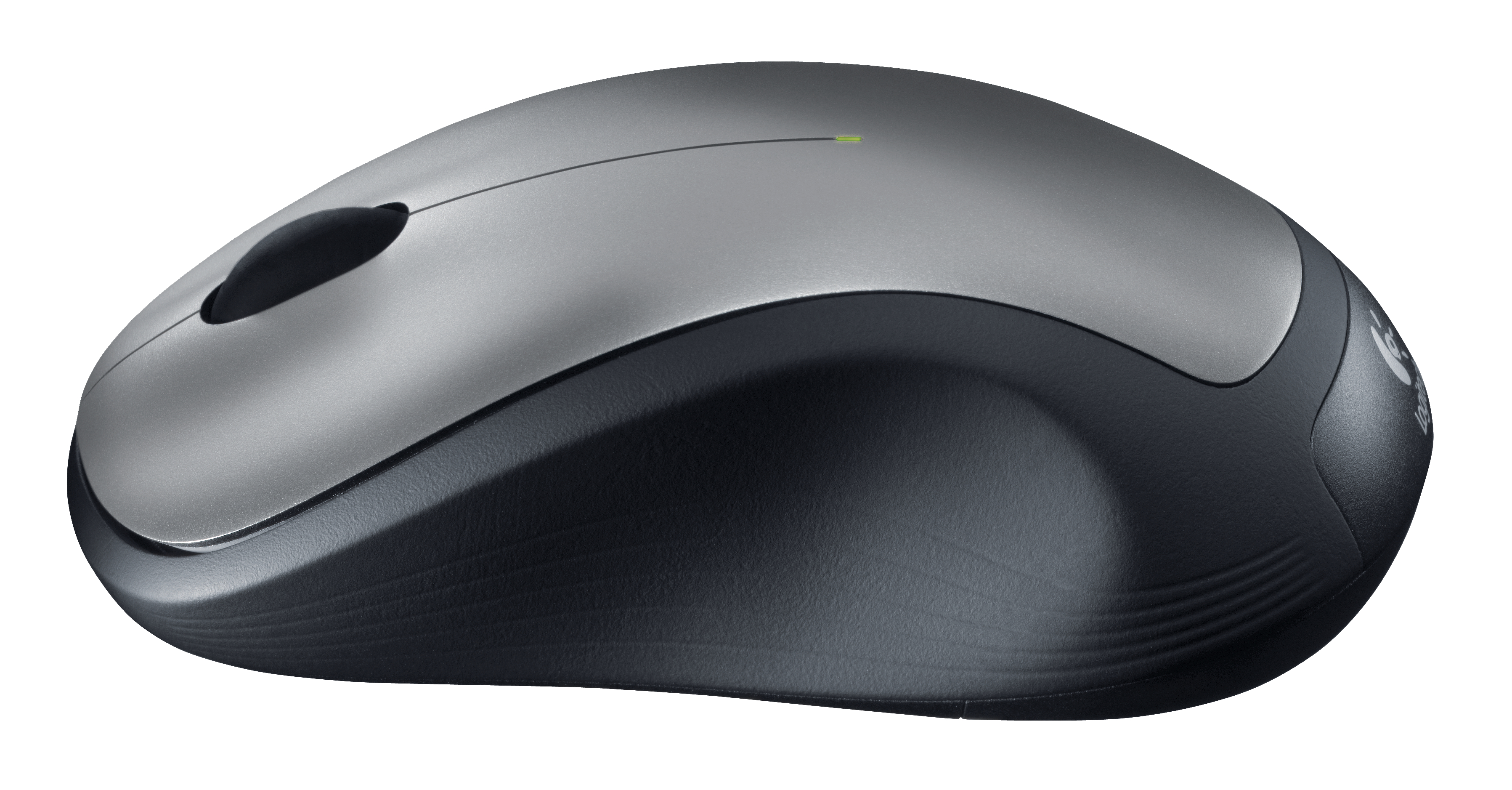 A gray and black computer mouse with a scroll wheel and a logo on the right side.