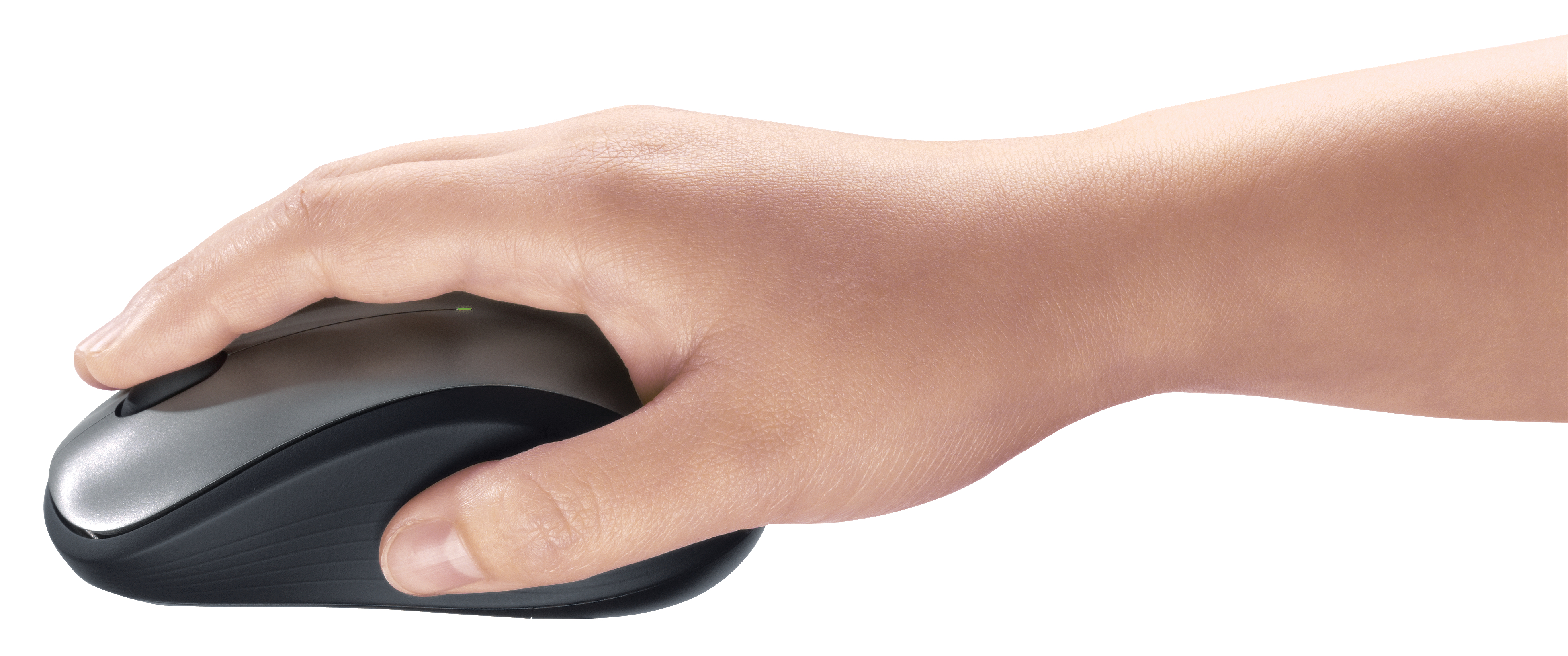 A person's hand holding a computer mouse. The mouse is gray and black, and the hand is on a white background.
