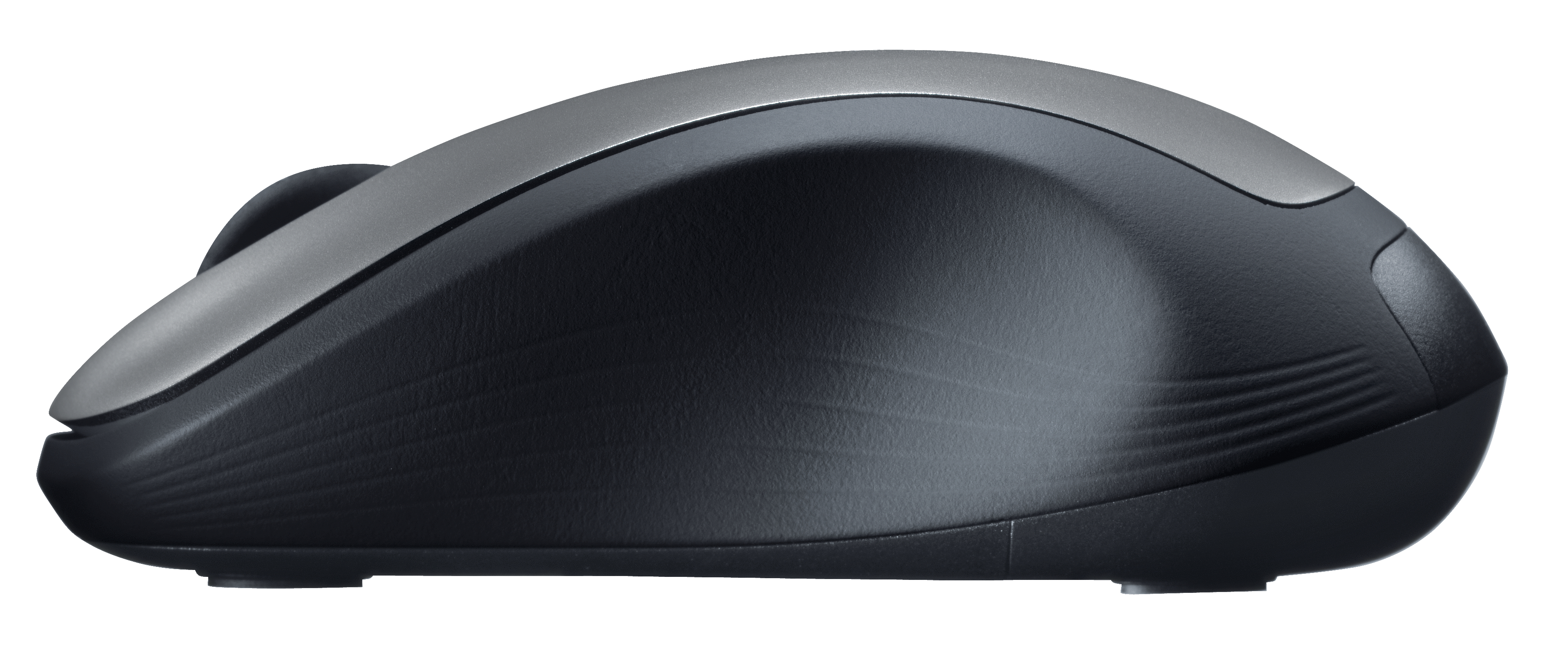 A gray and black computer mouse. It has a silver top and a black base, with a white background.