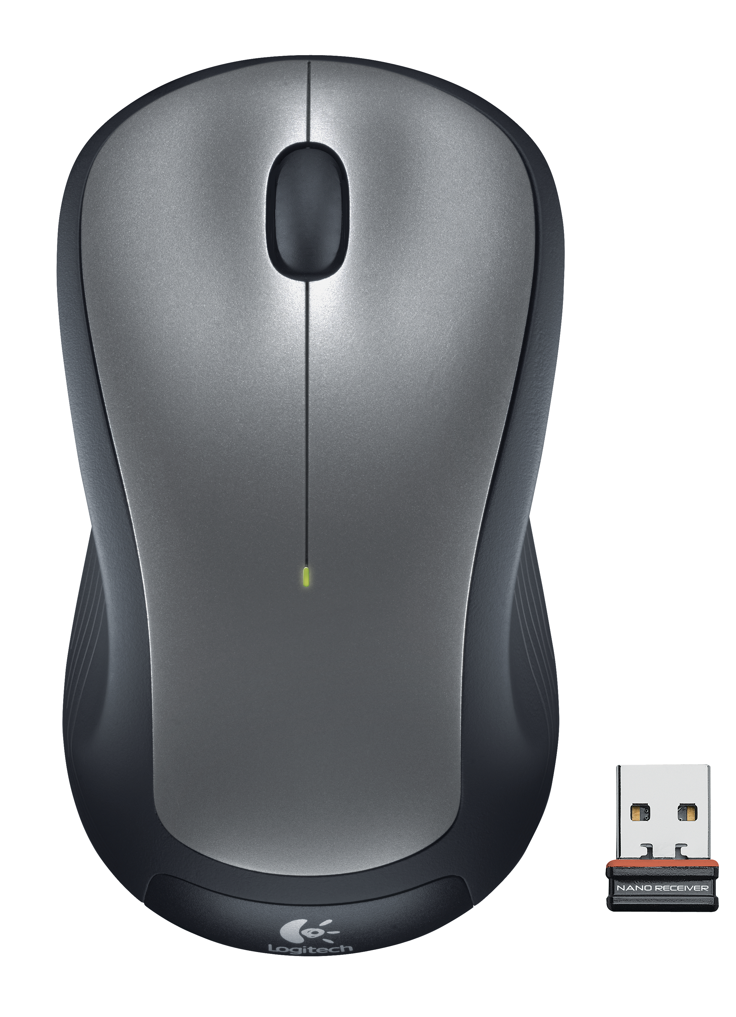 A top-down view of a gray and black Logitech wireless mouse with a nano receiver.