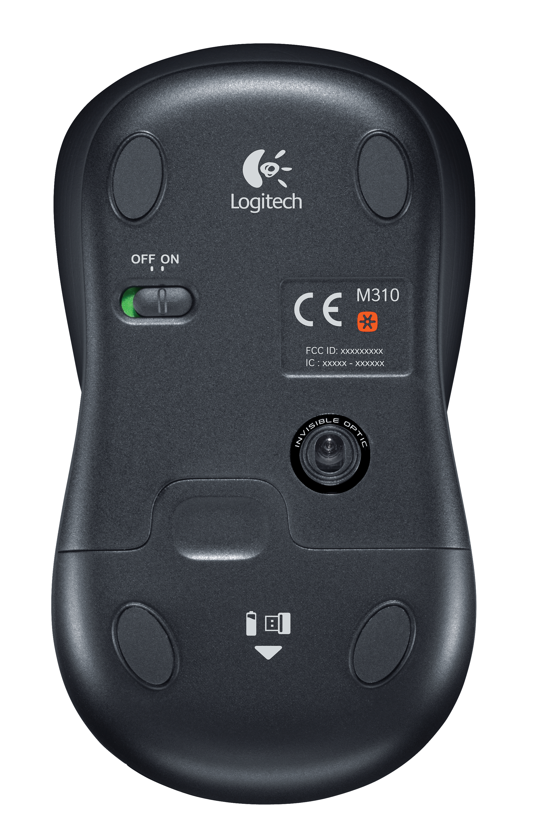 Bottom of a black Logitech M310 mouse showing the off/on switch, sensor, and product details.