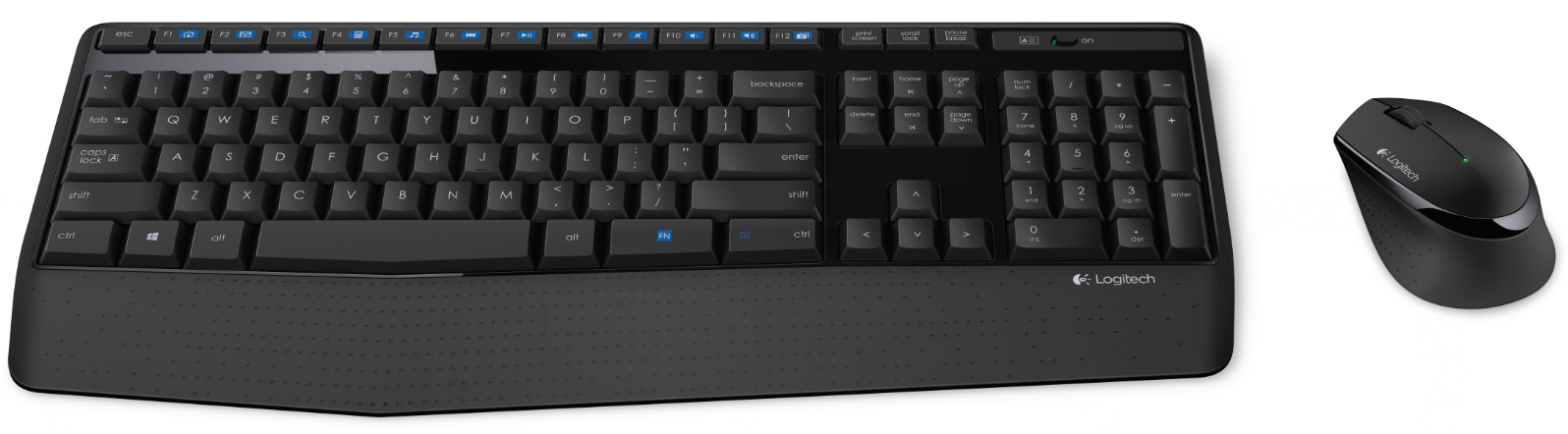 Een zwarte Logitech toetsenbord- en muiscombo. Het toetsenbord heeft een numeriek toetsenbord.