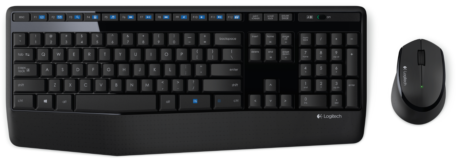 Zwart toetsenbord en muis op witte achtergrond, merk Logitech.