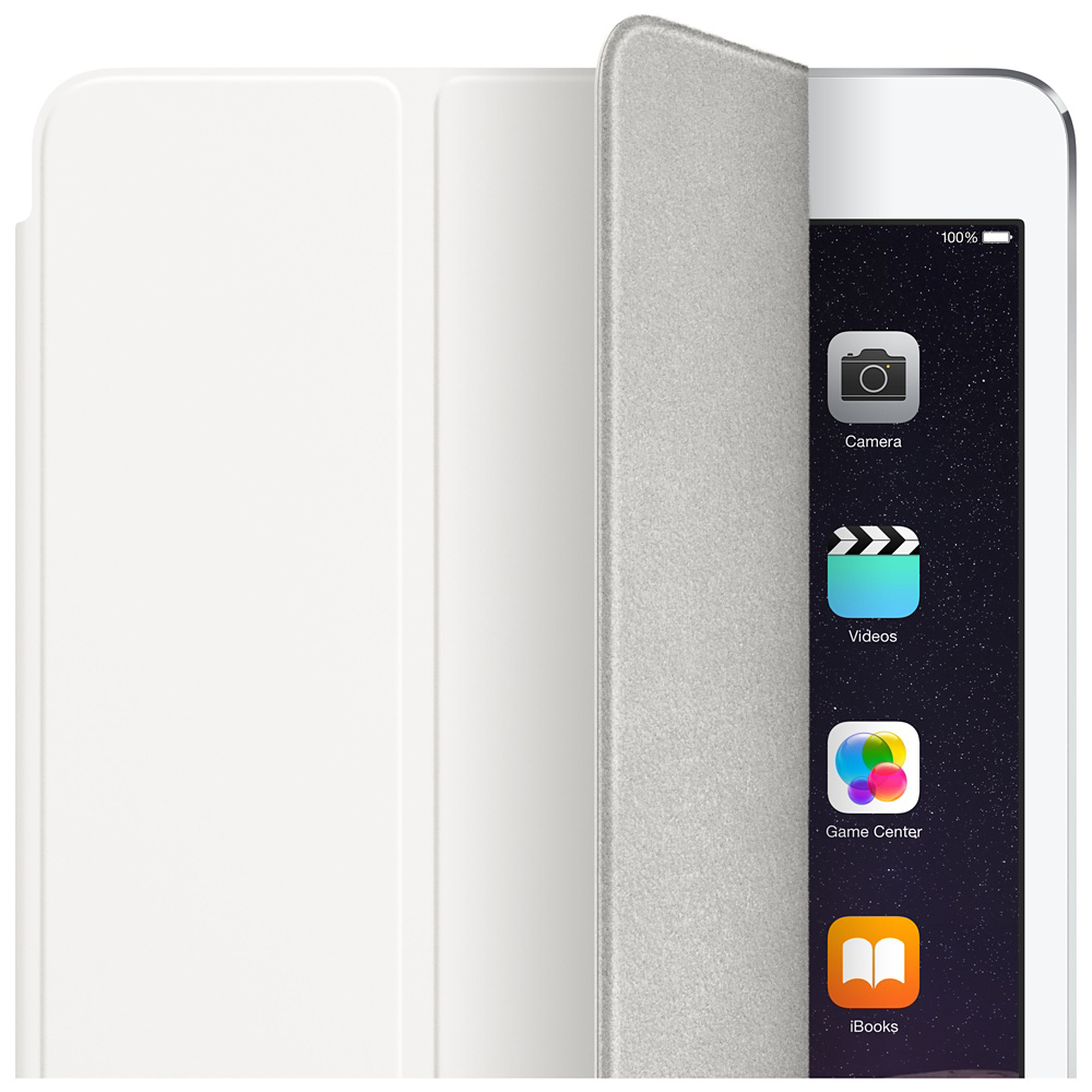 Weißes iPad-Case mit Bildschirm, der App-Symbole zeigt: Kamera, Videos, Game Center und iBooks. Schwarzer Hintergrund.