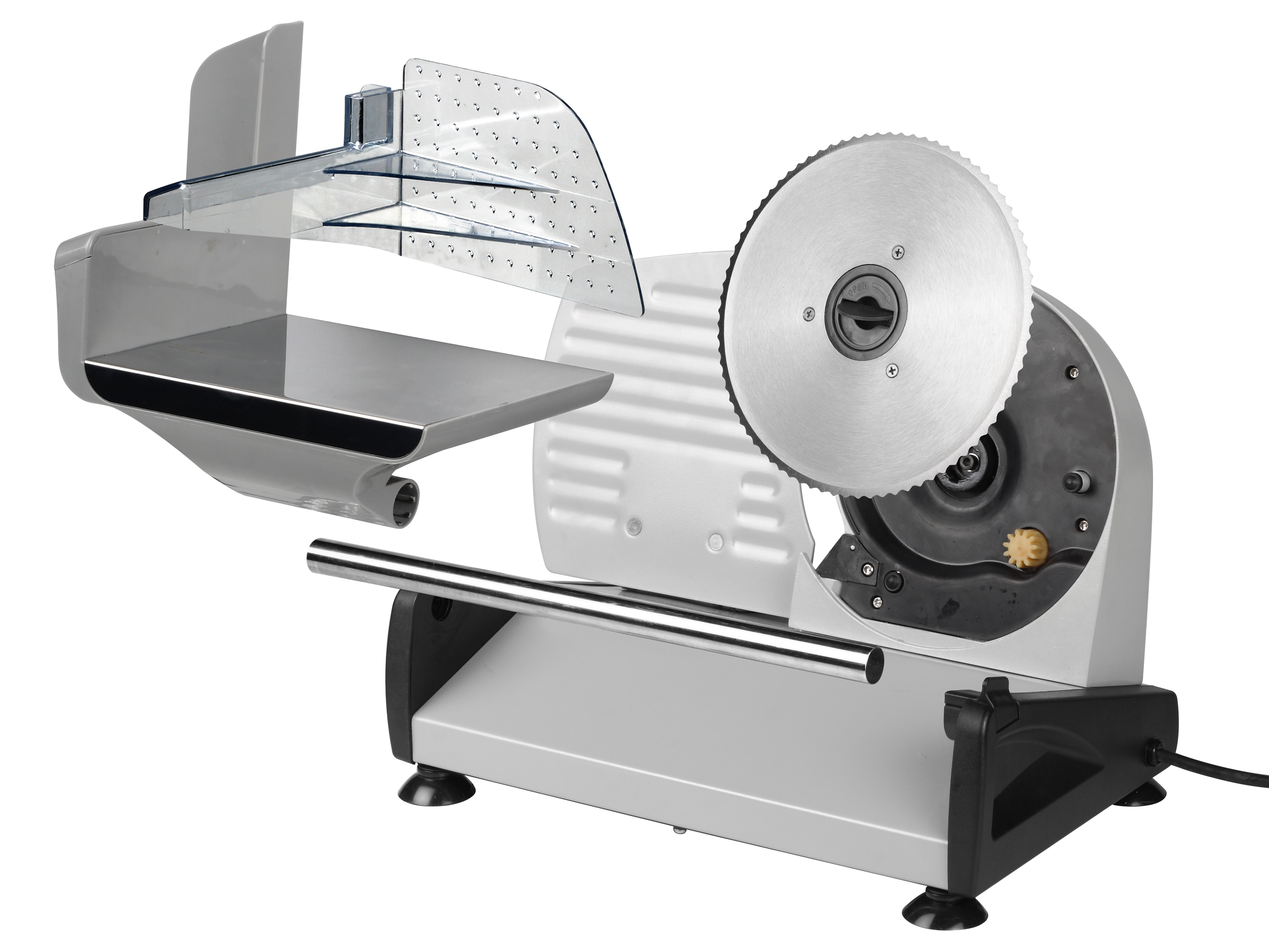 Meat slicer on a white background. It is silver and has a large circular blade and a clear plastic guard.