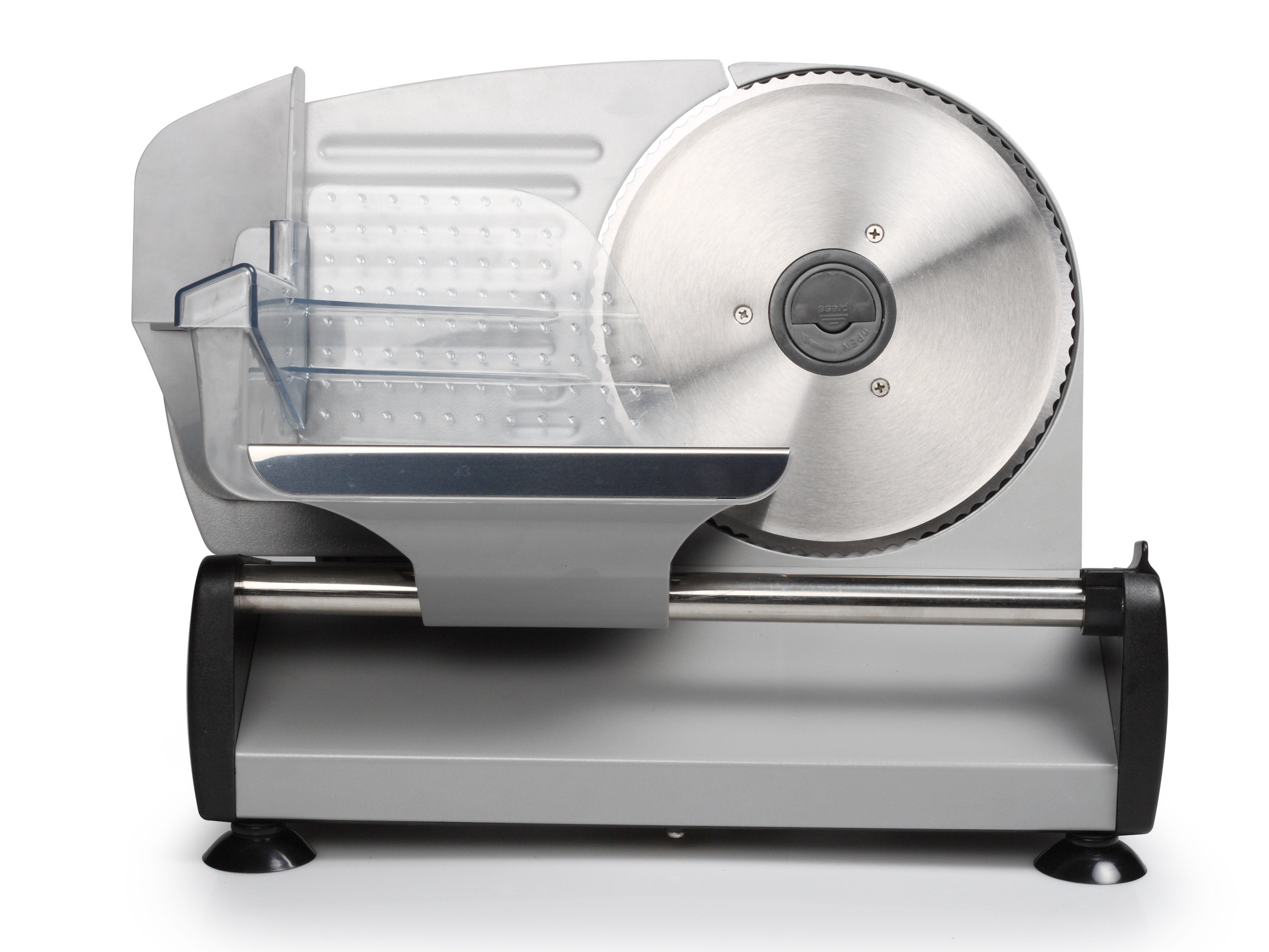 A silver meat slicer on a white background. It has a large circular blade.