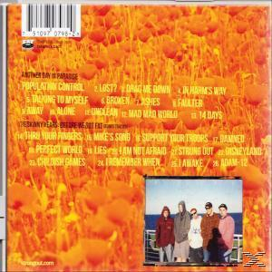 CD-Cover mit einem Feld aus orangefarbenen Blumen und einem Foto einer Band. Die CD listet Songnamen auf.