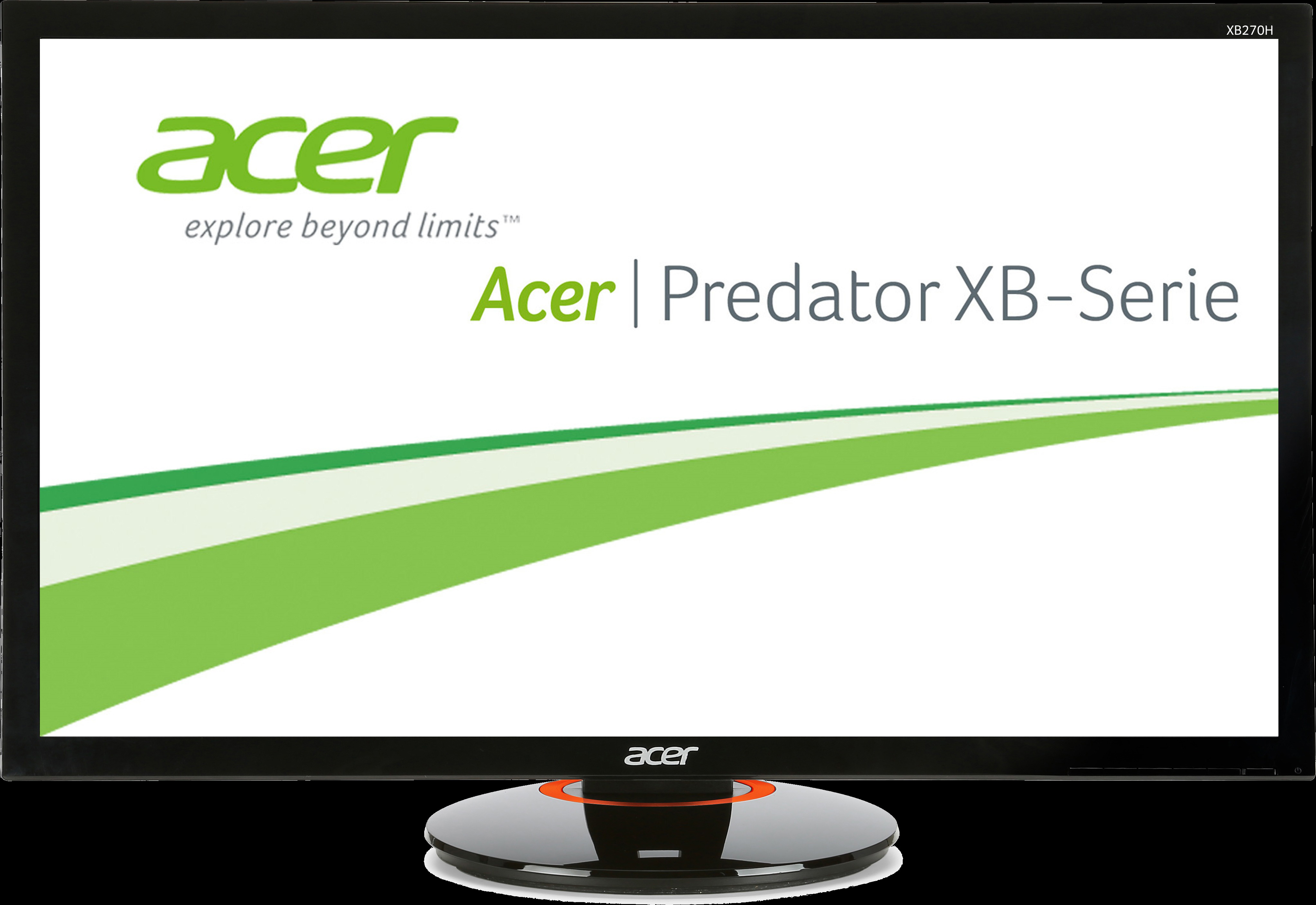 Acer Predator XB-Serie Monitorbildschirm, schwarzer Rahmen, Logo unten, weißer Hintergrund.