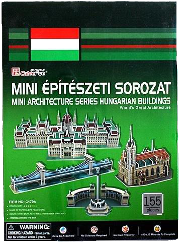 3D építészeti puzzle csomagolása magyar épületekkel, híddal és oszloppal.