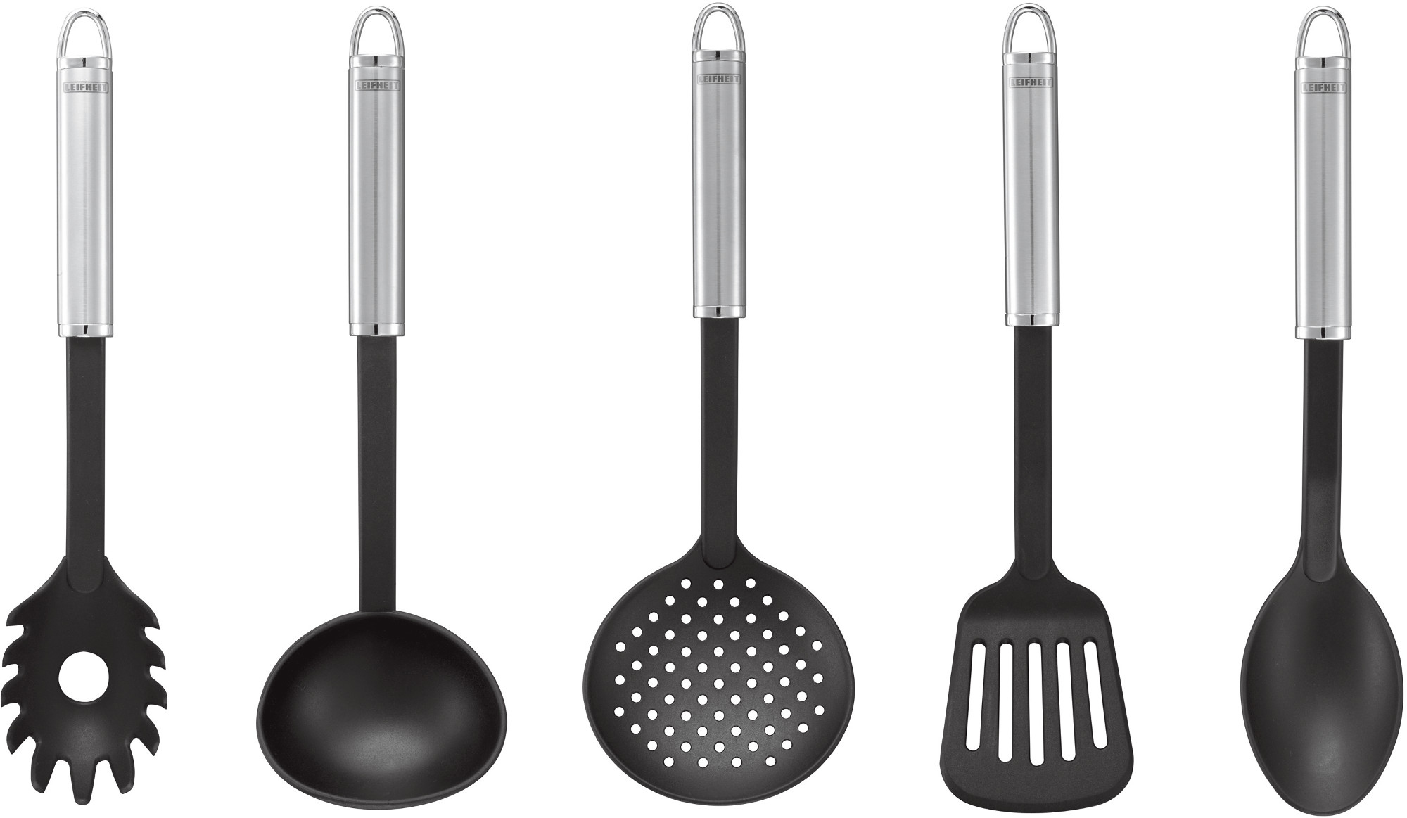 Set von Küchenutensilien mit schwarzen Griffen und silbernen Oberteilen. Enthält einen Löffel und einen Spatel.