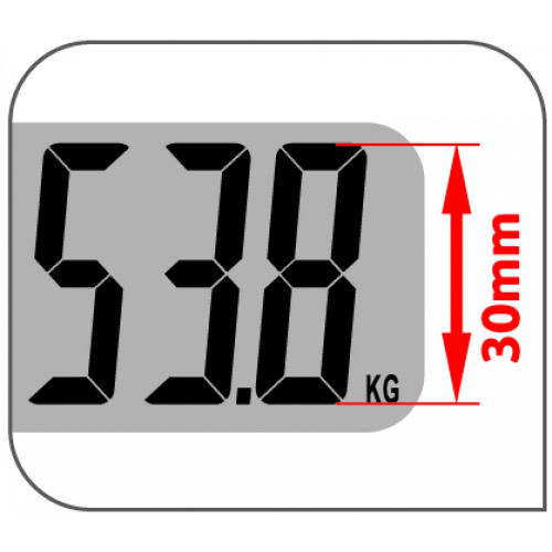 53,8 kg gösteren dijital bir tartı ekranı, 30 mm yüksekliği gösteren kırmızı bir ok ile.