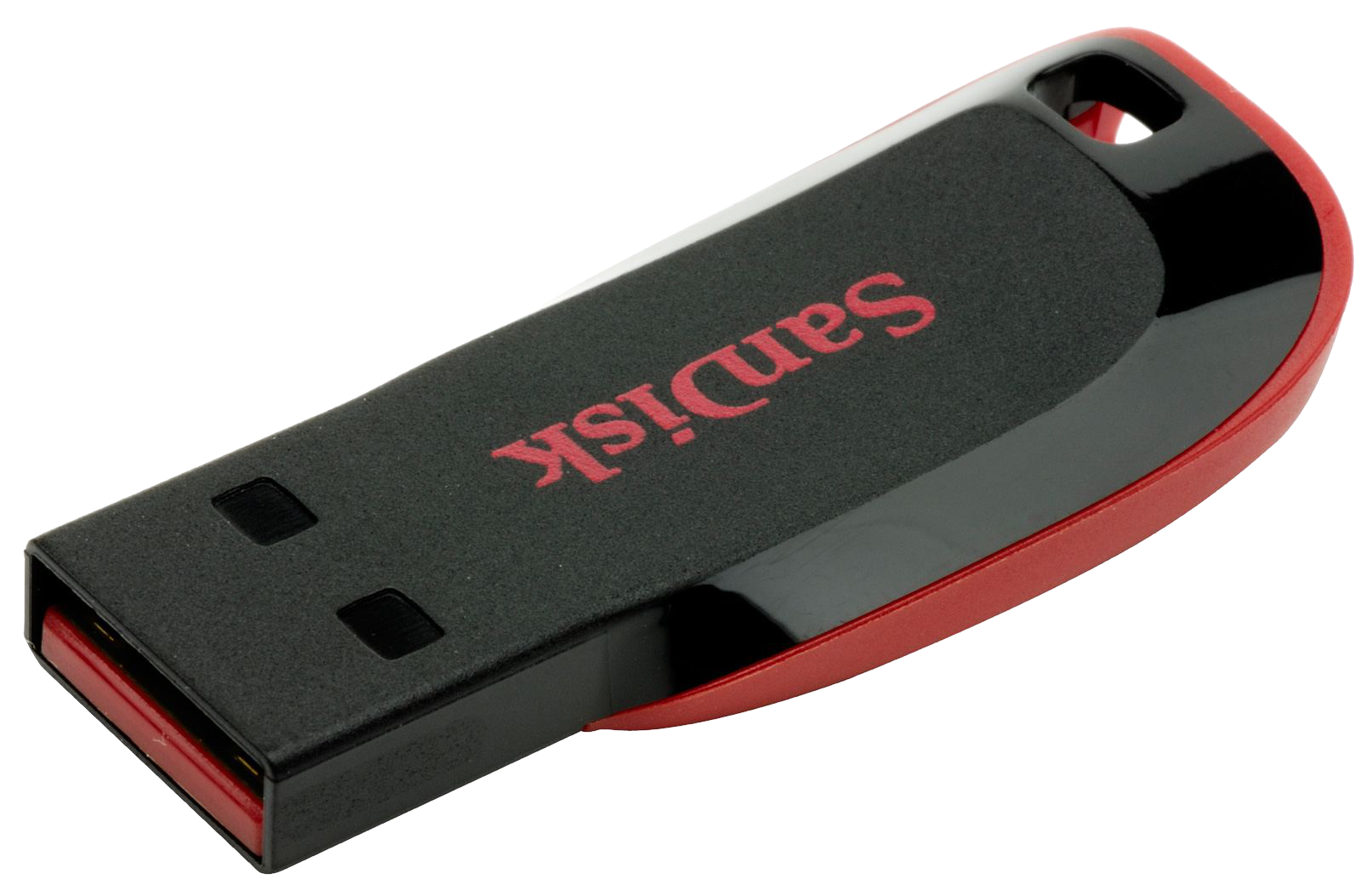 Egy fekete és piros Sandisk USB meghajtó. A Sandisk logó piros. A háttér fekete.