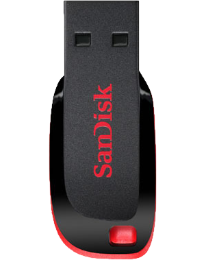 Fekete és piros USB flash meghajtó. A SanDisk márka van ráírva.