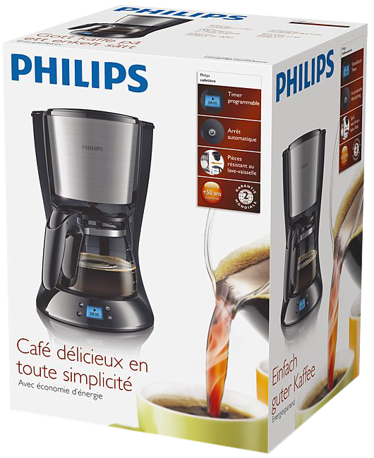 Philips kávéfőző doboz. Elölnézet a gép képével, szöveggel és ikonokkal.