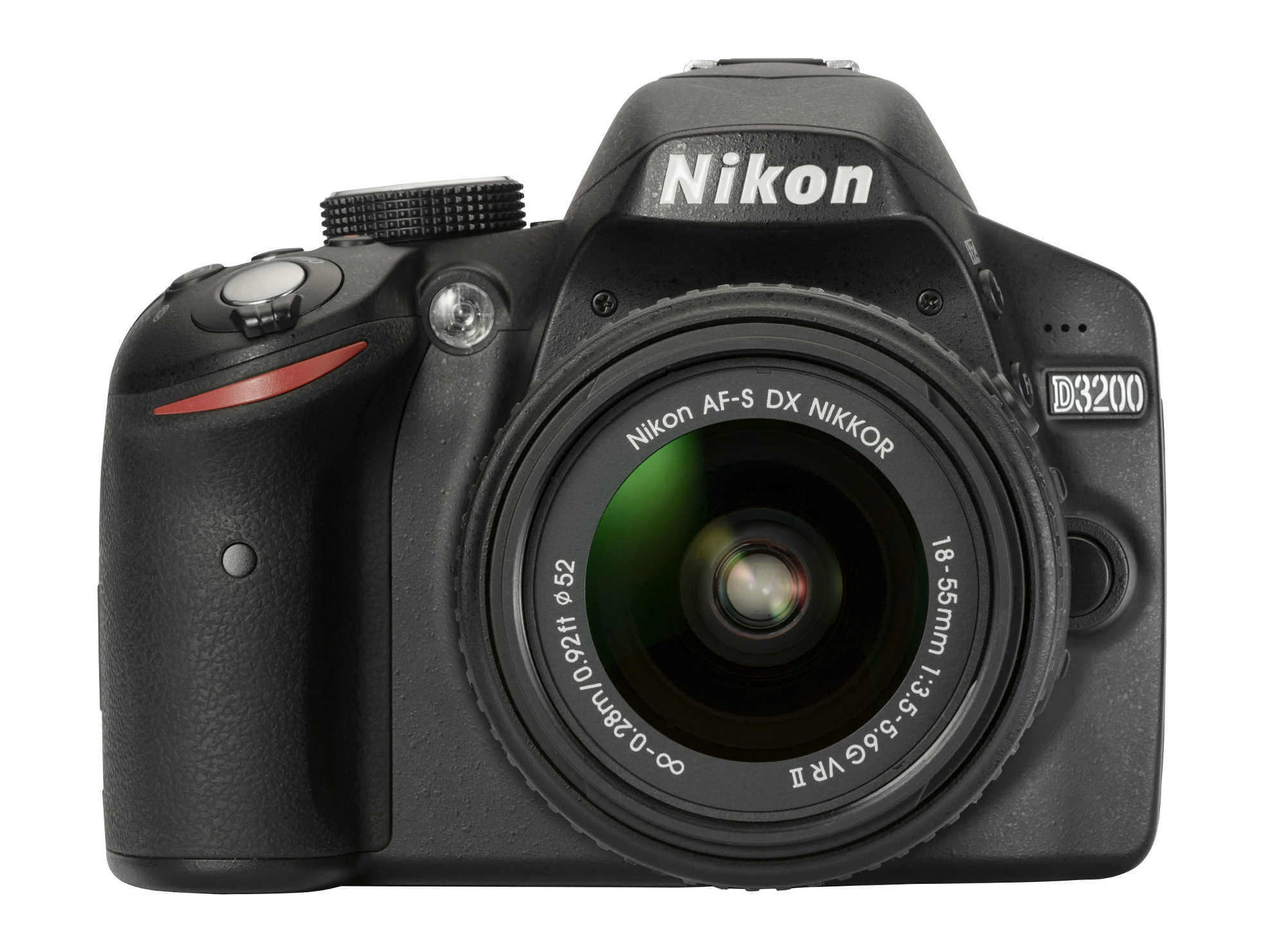 Nikon D3200 Kamera, schwarz, mit Objektiv. Nikon und Modellinformationen sind sichtbar.