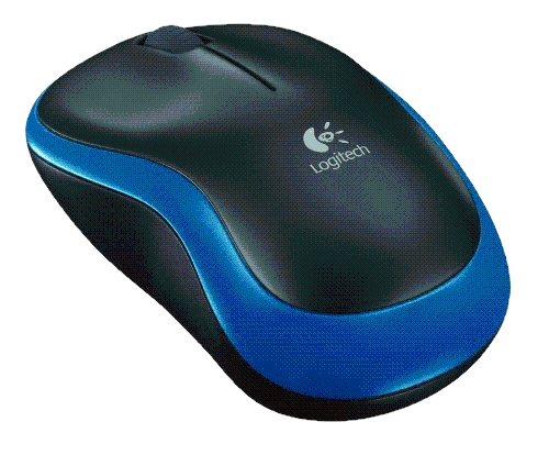 Kék-fekete Logitech vezeték nélküli egér görgővel és logóval.