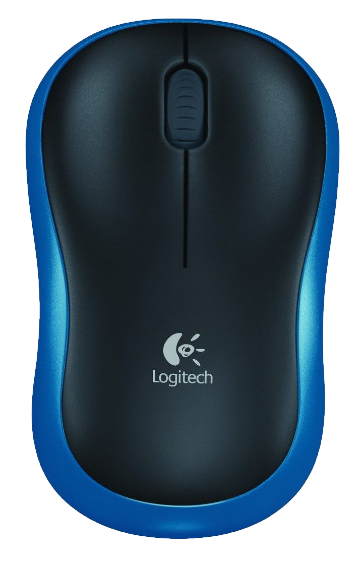 Fekete-kék Logitech egér, felülnézet. Két gomb és egy görgő.
