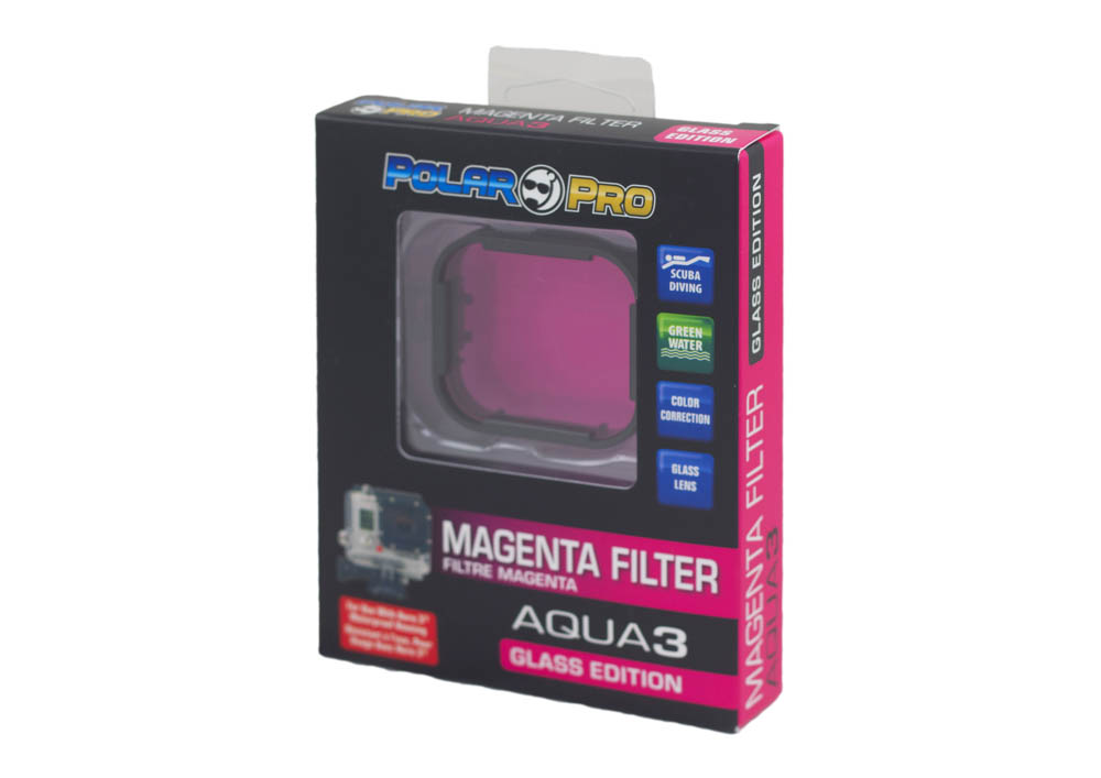 Product box: magenta filter for a camera, white background, and brand logo.