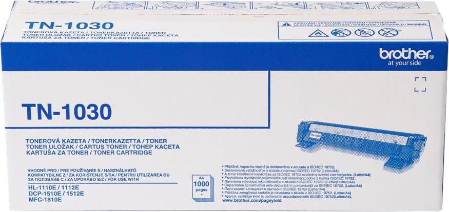 Brother TN-1030 tonerkazetta doboza. Tartalmazza a kazettát, szöveget több nyelven és fehér hátteret.