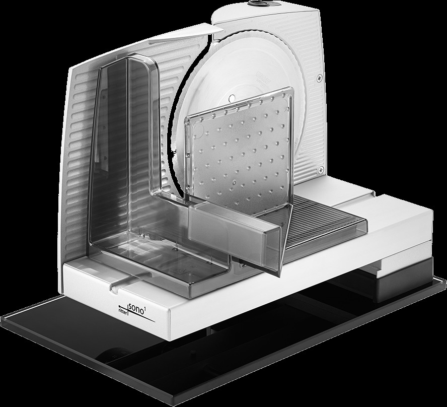 Fleischschneider auf weißer Oberfläche. Transparente Kunststoffkomponenten. Schwarze Basis.
