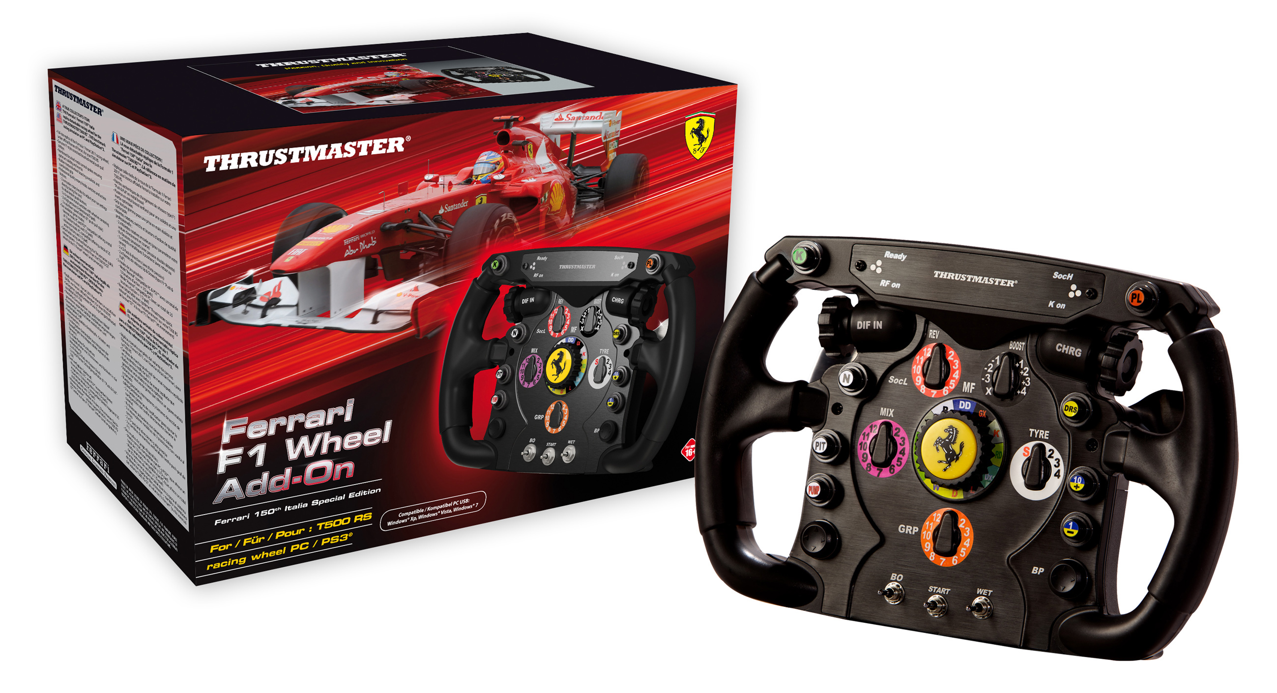 Rennlenkrad mit Display und Box mit Ferrari. Schwarz-rotes Farbschema. Motorsport-Thema.