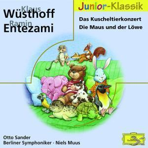 Albumcover von Junior-Klassik mit Cartoon-Tieren: Bär, Hase, Pinguin usw. Grüner Hintergrund.