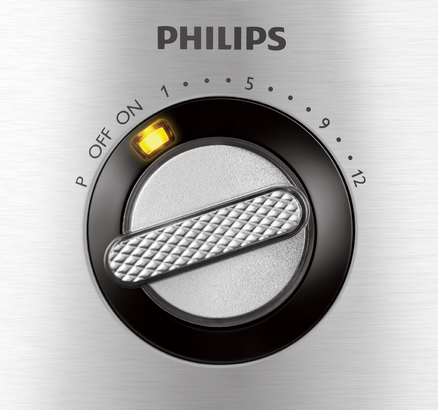 Nahaufnahme eines silbernen Philips-Mixer-Drehreglers mit Zahlen und Kontrollleuchte.