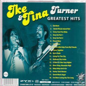 CD-Cover: Ike & Tina Turner Greatest Hits. Zwei Sänger und eine Gitarre, türkisfarbener Hintergrund.